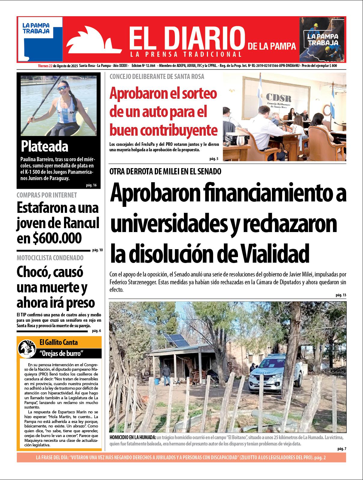 Tapa de El Diario en papel  viernes 22 de agosto de 2025